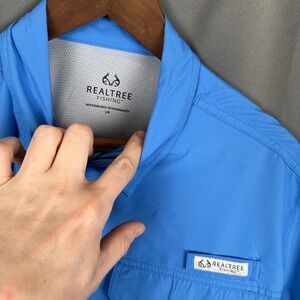 Realtree Fishing Mens Short Sleeve Button Up Shirt Blue PFG Sun Protection L G